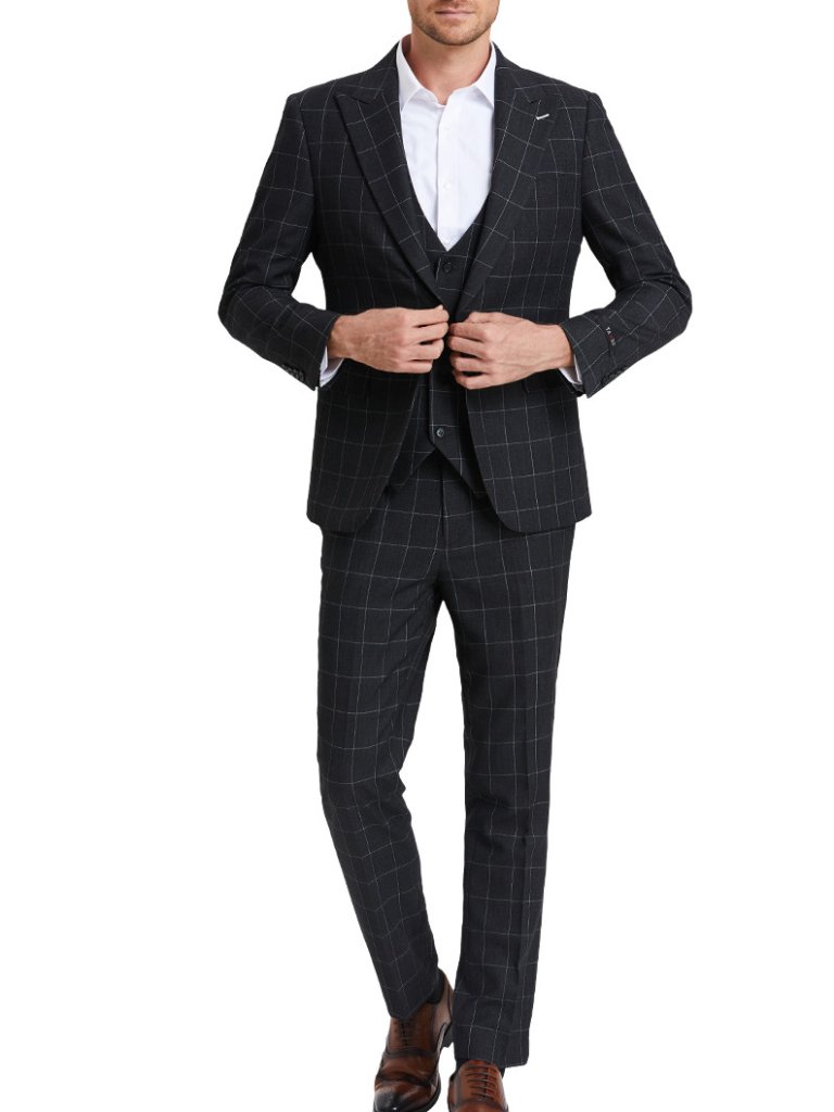Charcoal Grey Windowpane Peak Lapel 3 Piece Skinny Fit Men's Suit